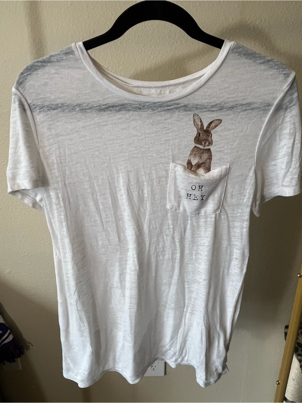 American Eagle White Tee with Bunny Pocket Graphic